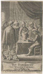 Mercante al tavolo di scrittura (Pagina del titolo per: J. van der Does e altri, Viaggi vari, 1652) da Reinier van Persijn