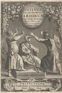 Minerva e due figure incatenate, pagina del titolo per: A. Thysius, Justinus cum notis selectissimis variorum Berneggerj, Bongarsy, Vossy, Thysy, &c, 1659