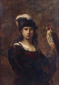 Falconiere con falco e cappello piumato