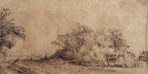 Una strada accidentata lungo il dyke con alberi che nascondono una fattoria da Rembrandt Harmensz. van Rijn