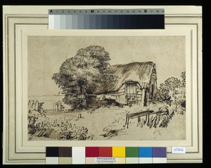 Un cottage con tetto di paglia vicino a un grande albero, una figura seduta fuori, c.1648-52