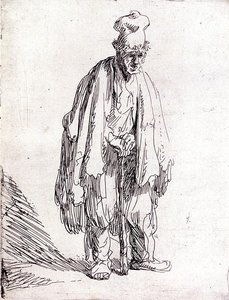 Mendicante con cappello alto in piedi