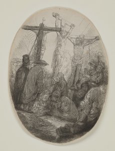 Cristo crocifisso tra due ladroni: lastra ovale da Rembrandt van Rijn