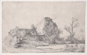 Cottage e edifici agricoli con un uomo che disegna da Rembrandt van Rijn