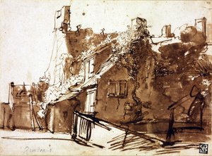 Fattoria alla luce del sole - Rembrandt van Rhijn (1606-1669) - 1635-1636 - Penna, pennello, colore marrone su carta - 16,4x22,3 cm - Szepmuveszeti Muzeum, Budapest da Rembrandt Harmensz. van Rijn