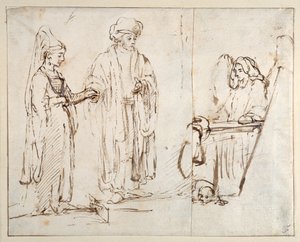 Laban porta Leah a Giacobbe, con Giacobbe sovrapposto da un frammento di un altro disegno; un angelo con un cane ai suoi piedi da Rembrandt Harmensz. van Rijn