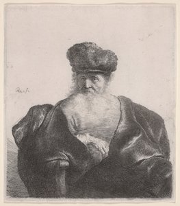 Vecchio con barba fluente, berretto di pelliccia e mantello di velluto da Rembrandt van Rijn