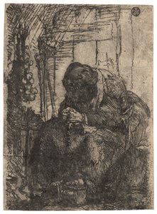 Vecchia donna seduta in una casetta con un filo di cipolle sul muro, 1629 circa (acquaforte) da Rembrandt Harmensz. van Rijn