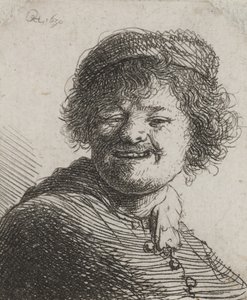 Rembrandt con un berretto, ridendo: busto