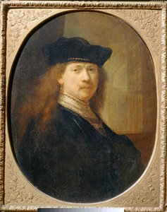Rembrandt con un cappello da cuoco su uno sfondo architettonico ...