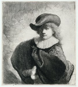 Autoritratto con cappello morbido e mantello decorato