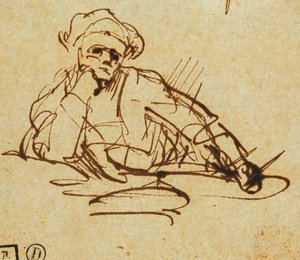 Studio di uno scrittore, seduto, in pausa di riflessione da Rembrandt van Rijn