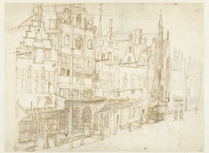 Vista di una fila di case in una città da Rembrandt van Rijn (school of)
