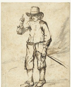 Ragazzo in piedi con una frusta e la mano destra alzata da Rembrandt van Rijn (school of)
