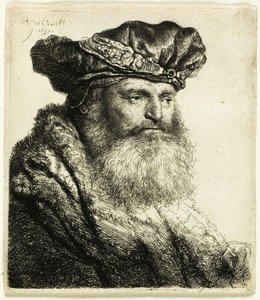 Uomo barbuto con berretto di velluto con fermaglio gioiello da Rembrandt van Rijn