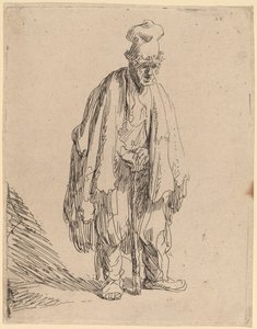 Mendicante con un cappello alto, in piedi e appoggiato a un bastone da Rembrandt van Rijn