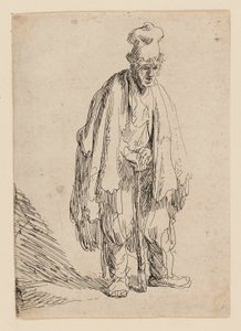 Mendicante con cappello alto, in piedi e appoggiato a un bastone da Rembrandt van Rijn