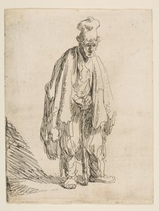 Mendicante con un Cappello Alto, in Piedi e Appoggiato a un Bastone, ca. 1629 da Rembrandt van Rijn