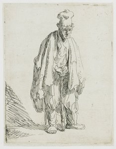 Mendicante con un berretto alto, in piedi e appoggiato a un bastone da Rembrandt van Rijn