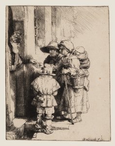 Mendicanti che ricevono elemosine alla porta di una casa da Rembrandt van Rijn