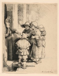 Mendicanti che ricevono elemosine alla porta di una casa da Rembrandt van Rijn