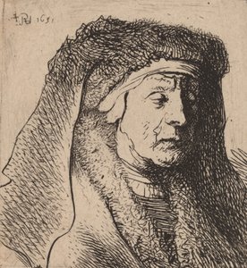 Busto di una vecchia donna con mantello di pelliccia e copricapo pesante da Rembrandt van Rijn
