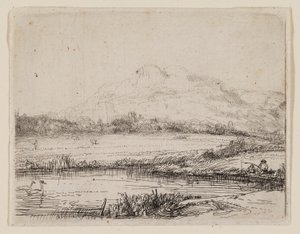 Canale con pescatore e due cigni da Rembrandt van Rijn