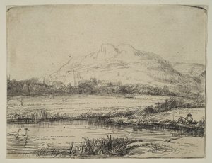 Canale con un pescatore e due cigni, 1650 da Rembrandt van Rijn