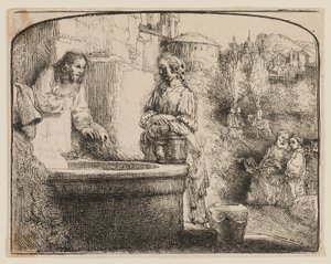 Cristo e la donna di Samaria: Una stampa ad arco da Rembrandt van Rijn
