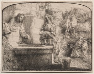 Cristo e la donna di Samaria: Una stampa ad arco da Rembrandt van Rijn