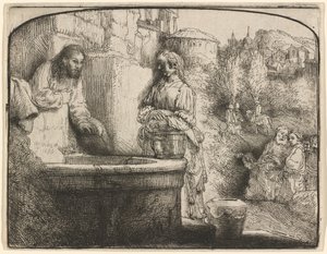 Cristo e la donna di Samaria: una stampa ad arco da Rembrandt van Rijn