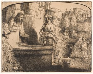 Cristo e la donna di Samaria: una stampa ad arco da Rembrandt van Rijn