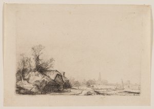 Cottage Accanto a un Canale con Vista su Ouderkerk da Rembrandt van Rijn