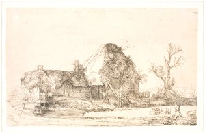 Cottage e edifici agricoli con un uomo che disegna da Rembrandt van Rijn