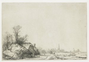 Cottage accanto a un canale con vista su Ouderkerk da Rembrandt van Rijn