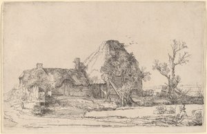 Cottage e Edifici Agricoli con un Uomo che Disegna da Rembrandt van Rijn