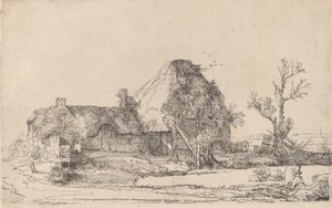 Cottage e edifici agricoli con un uomo che disegna, c. 1645 da Rembrandt van Rijn