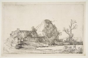 Cottage e edifici agricoli con un uomo che disegna, ca. 1645 da Rembrandt van Rijn