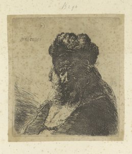 Vecchio barbuto con cappello di pelliccia e occhi chiusi da Rembrandt van Rijn