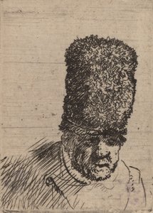 Testa di un vecchio con cappello di pelliccia alto