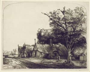Paesaggio con cottage a spiovente lungo una strada, 1650 da Rembrandt van Rijn