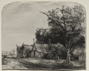 Paesaggio con tre cottage a due spioventi lungo una strada da Rembrandt van Rijn
