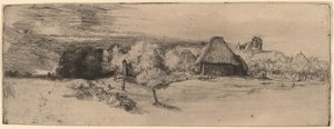 Paesaggio con alberi, edifici agricoli e una torre