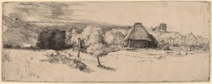Paesaggio con alberi, edifici agricoli e una torre