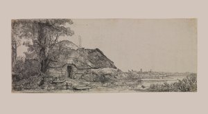 Paesaggio con cottage e grande albero