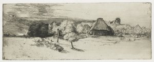 Paesaggio con edificio agricolo e 