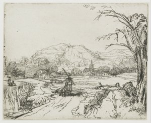 Paesaggio con un cacciatore e dei cani da Rembrandt van Rijn