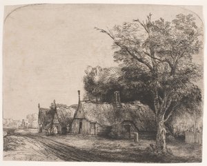 Paesaggio con tre cottage a due spioventi lungo una strada da Rembrandt van Rijn