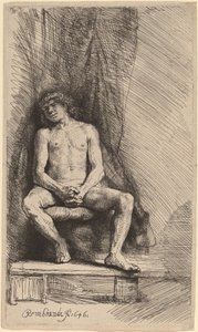 Uomo Nudo Seduto davanti a una Tenda da Rembrandt van Rijn