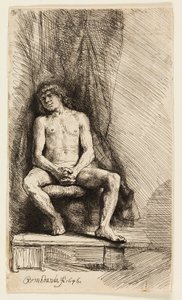 Uomo nudo seduto davanti a una tenda da Rembrandt van Rijn